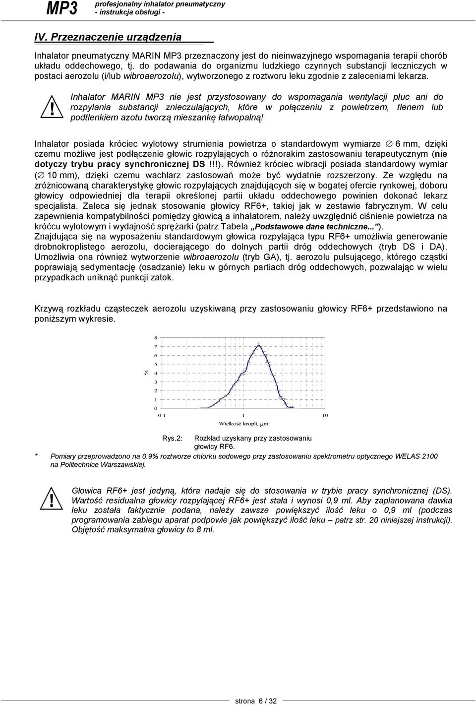 Inhalator MARIN MP3 nie jest przystosowany do wspomagania wentylacji płuc ani do rozpylania substancji znieczulających, które w połączeniu z powietrzem, tlenem lub podtlenkiem azotu tworzą mieszankę