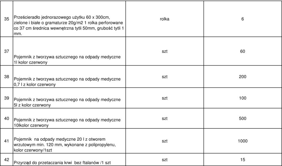 39 Pojemnik z tworzywa sztucznego na odpady medyczne 5l z kolor czerwony szt 100 40 Pojemnik z tworzywa sztucznego na odpady medyczne 10lkolor czerwony szt 500 41