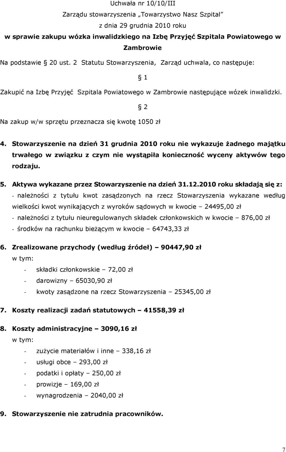 Stowarzyszenie na dzień 31 grudnia 2010 roku nie wykazuje żadnego majątku trwałego w związku z czym nie wystąpiła konieczność wyceny aktywów tego rodzaju. 5.