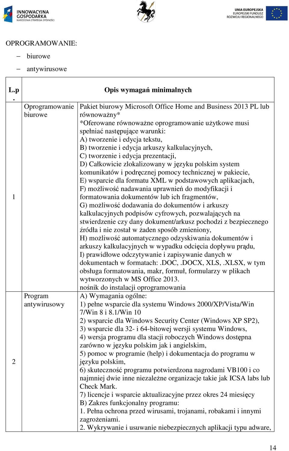 spełniać następujące warunki: A) tworzenie i edycja tekstu, B) tworzenie i edycja arkuszy kalkulacyjnych, C) tworzenie i edycja prezentacji, D) Całkowicie zlokalizowany w języku polskim system