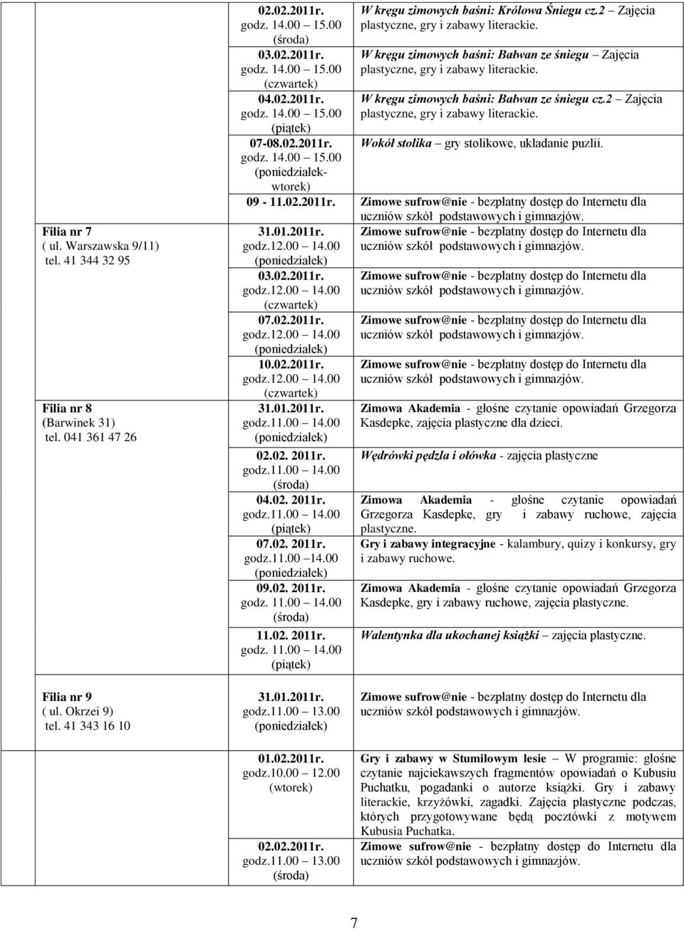 2 Zajęcia plastyczne, gry i zabawy literackie. Wokół stolika gry stolikowe, układanie puzlii. 09-11.02.2011r. 31.01.2011r. 12.00 14.00 03.02.2011r. 12.00 14.00 07.02.2011r. 12.00 14.00 10.02.2011r. 12.00 14.00 31.