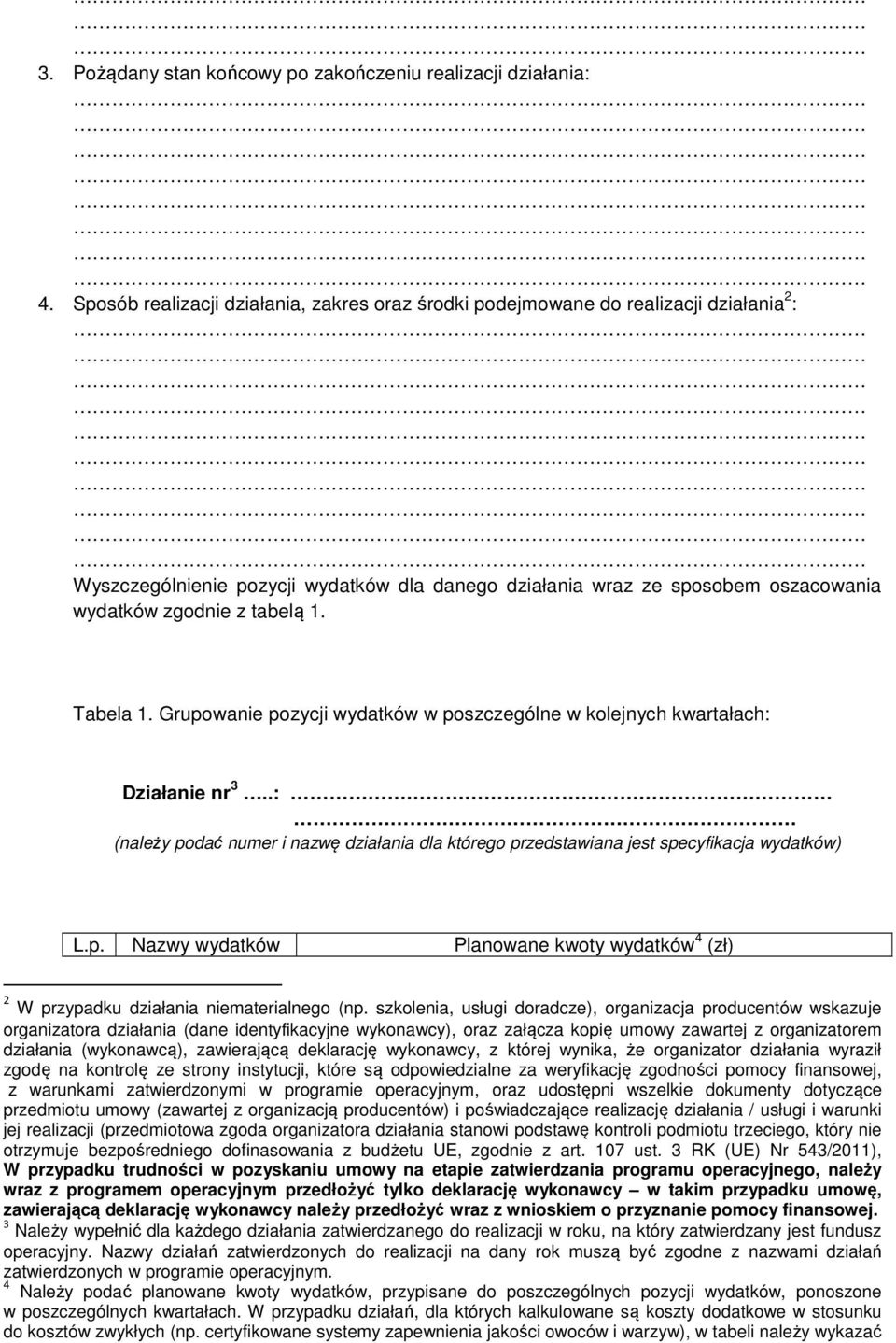 Tabela Grupowanie pozycji wydatków w poszczególne w kolejnych kwartałach: Działanie nr 3..: (należy podać numer i nazwę działania dla którego przedstawiana jest specyfikacja wydatków) L.p. Nazwy wydatków Planowane kwoty wydatków 4 (zł) 2 W przypadku działania niematerialnego (np.