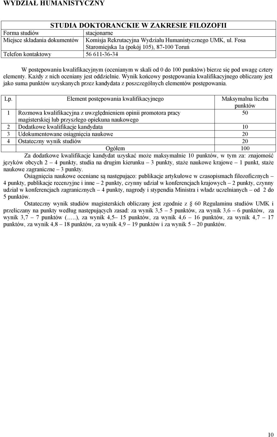 Każdy z nich oceniany jest oddzielnie. Wynik końcowy postępowania kwalifikacyjnego obliczany jest jako suma uzyskanych przez kandydata z poszczególnych elementów postępowania.