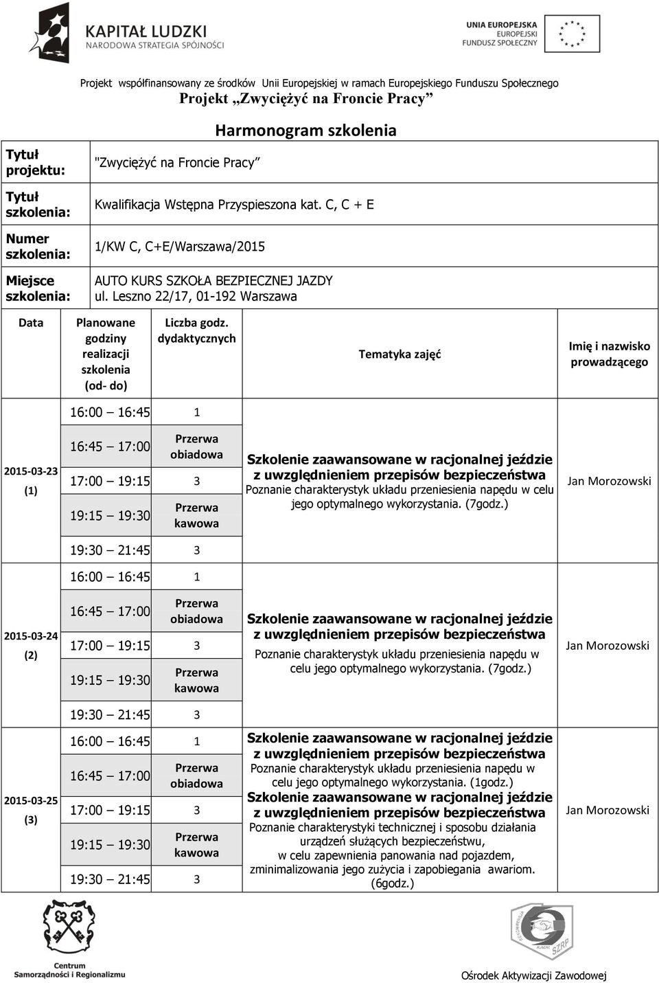 dydaktycznych Tematyka zajęć Imię i nazwisko prowadzącego 2015-0-2 (1) Poznanie charakterystyk układu przeniesienia napędu w celu jego optymalnego wykorzystania. (7godz.