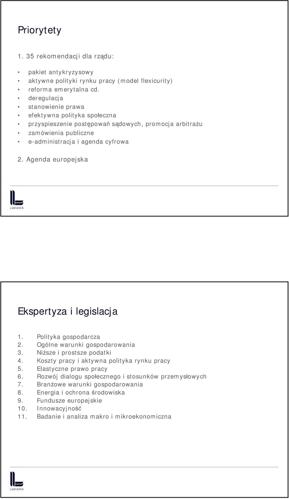 Agenda europejska Ekspertyza i legislacja 1. Polityka gospodarcza 2. Ogólne warunki gospodarowania 3. Niższe i prostsze podatki 4. Koszty pracy i aktywna polityka rynku pracy 5.