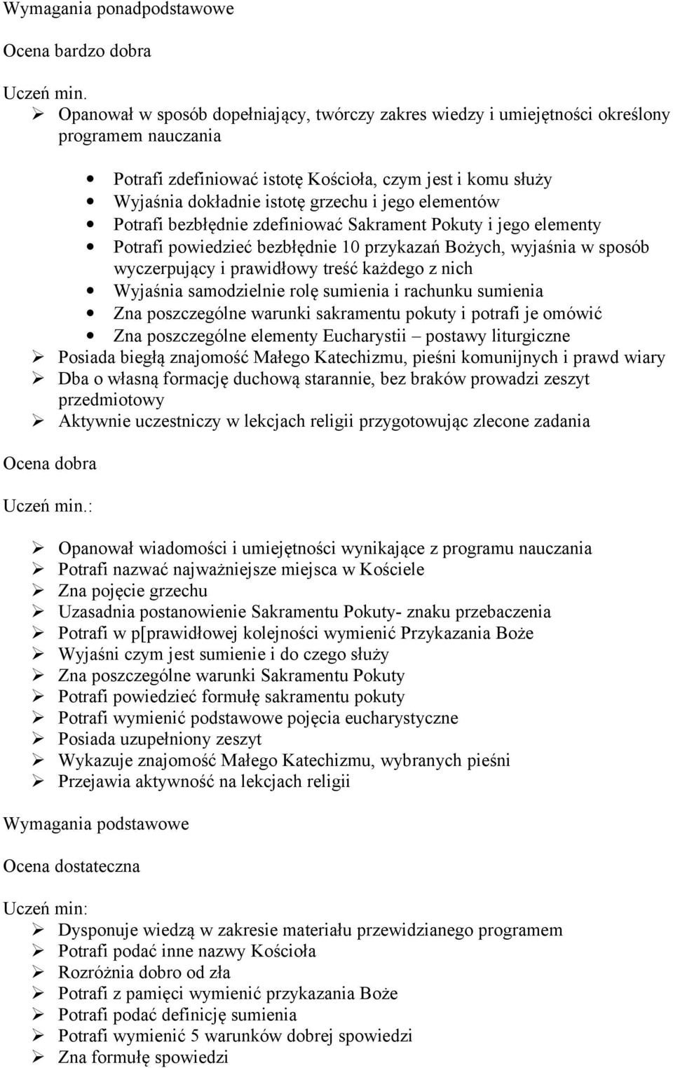 elementów Potrafi bezbłędnie zdefiniować Sakrament Pokuty i jego elementy Potrafi powiedzieć bezbłędnie 10 przykazań Bożych, wyjaśnia w sposób wyczerpujący i prawidłowy treść każdego z nich Wyjaśnia