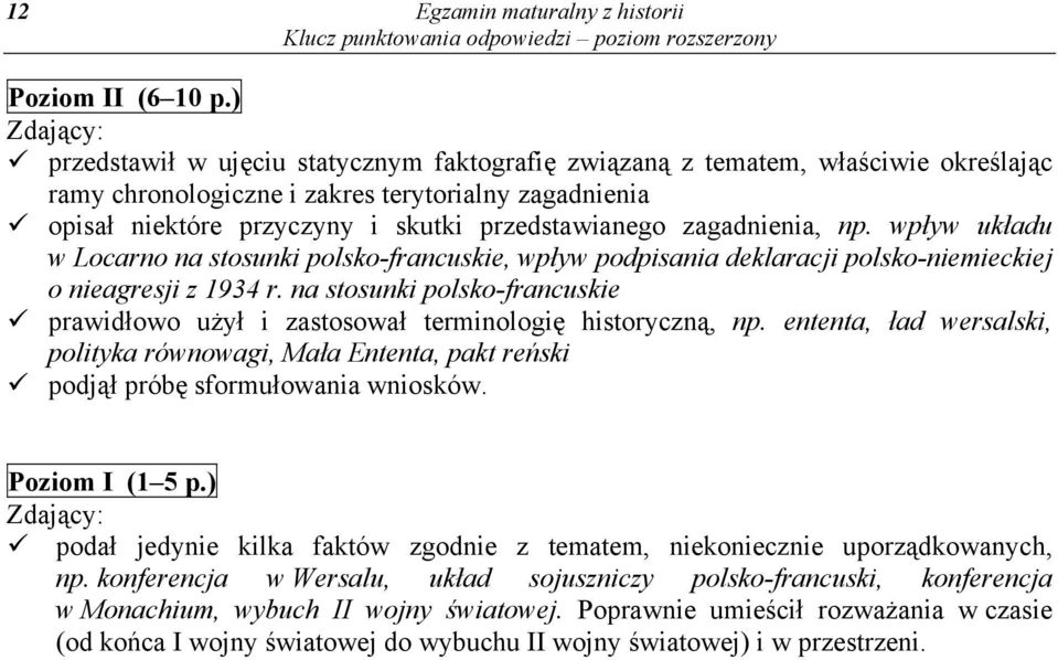 zagadnienia, np. wpływ układu w Locarno na stosunki polsko-francuskie, wpływ podpisania deklaracji polsko-niemieckiej o nieagresji z 1934 r.