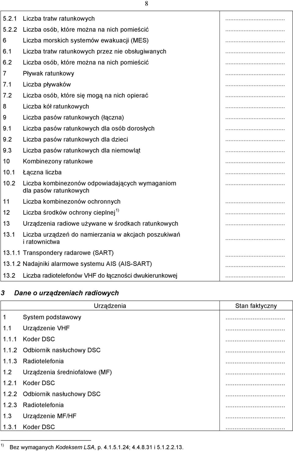 .. 9.3 Liczba pasów ratunkowych dla niemowląt... 10 Kombinezony ratunkowe... 10.1 Łączna liczba... 10.2 Liczba kombinezonów odpowiadających wymaganiom.