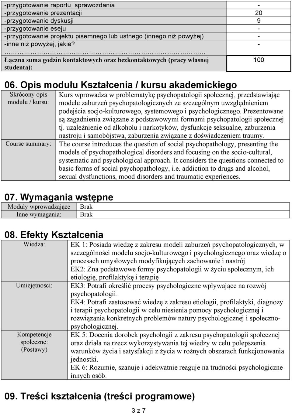 Opis modułu Kształcenia / kursu akademickiego Skrócony opis modułu / kursu: Course summary: Kurs wprowadza w problematykę psychopatologii społecznej, przedstawiając modele zaburzeń