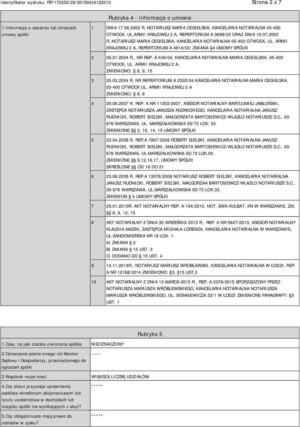 ARMII KRAJOWEJ 2 A, REPERTORIUM A 4614/03; ZMIANA 4 UMOWY SPÓŁKI 2 26.01.2004 R., NR REP. A 449/04, KANCELARIA NOTARIALNA MARIA CEGIELSKA, 05-400 OTWOCK, UL.