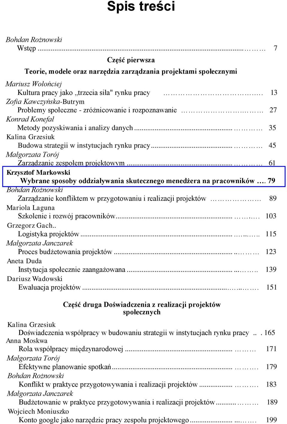 .. 45 Małgorzata Torój Zarządzanie zespołem projektowym... 61 Krzysztof Markowski Wybrane sposoby oddziaływania skutecznego menedżera na pracowników.