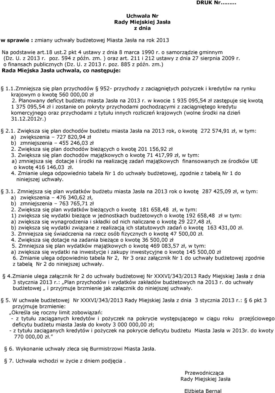 Planowany deficyt budżetu miasta Jasła na 2013 r.
