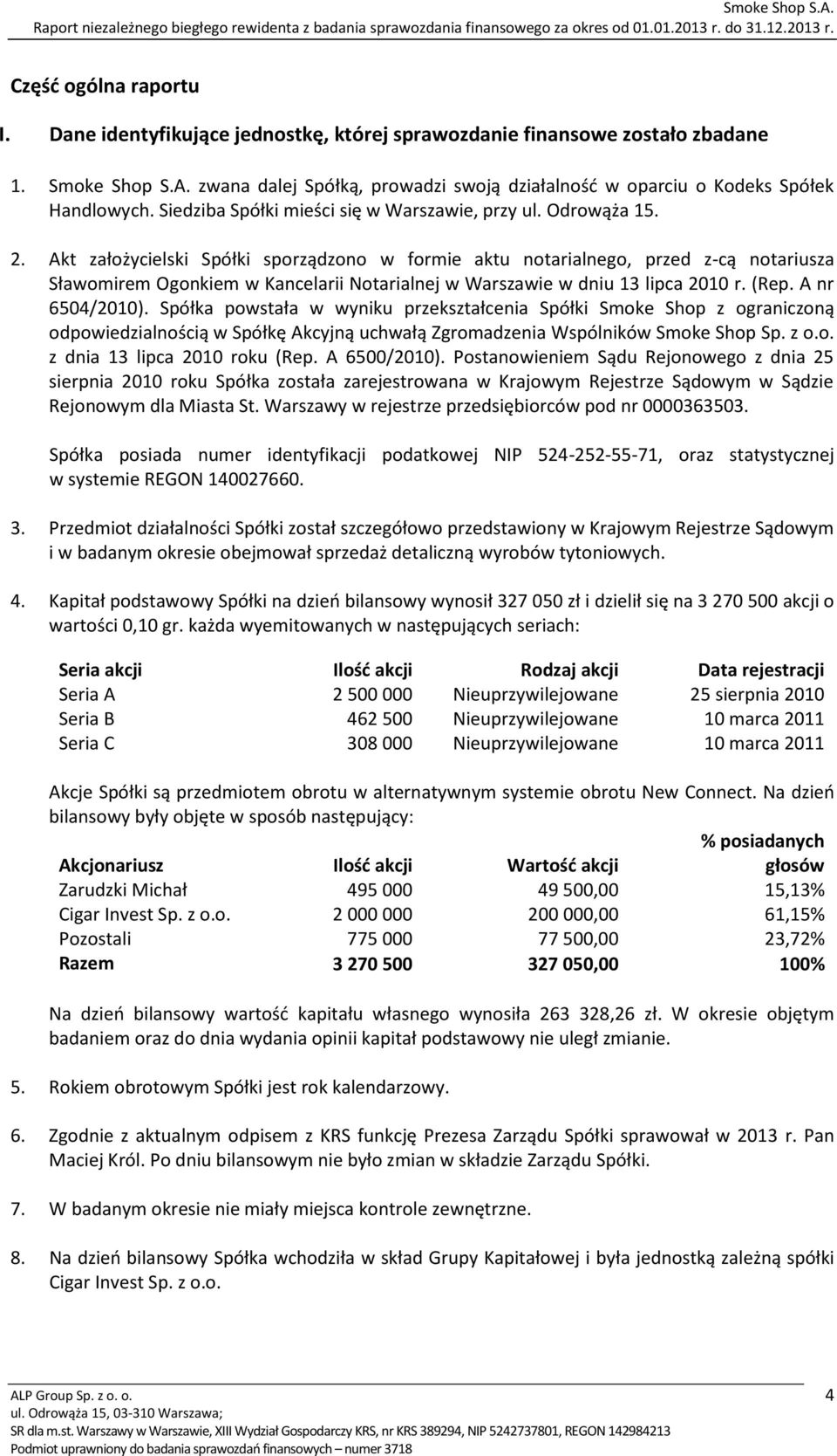 Akt założycielski Spółki sporządzono w formie aktu notarialnego, przed z-cą notariusza Sławomirem Ogonkiem w Kancelarii Notarialnej w Warszawie w dniu 13 lipca 2010 r. (Rep. A nr 6504/2010).