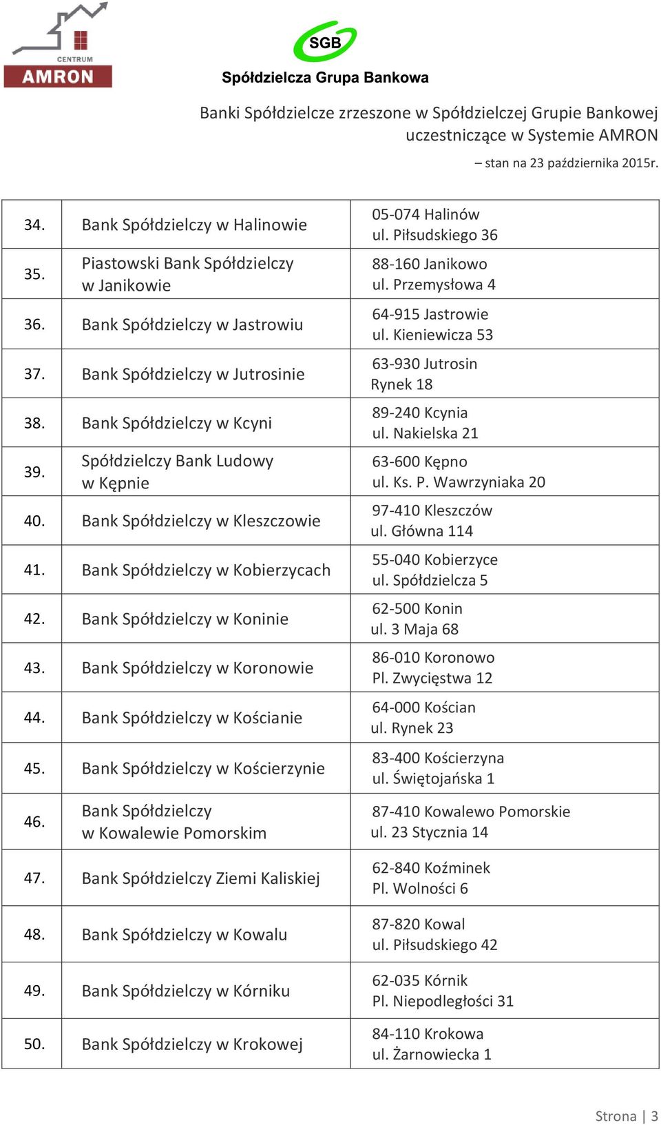 Przemysłowa 4 64-915 Jastrowie ul. Kieniewicza 53 63-930 Jutrosin Rynek 18 89-240 Kcynia ul. Nakielska 21 63-600 Kępno ul. Ks. P. Wawrzyniaka 20 97-410 Kleszczów ul. Główna 114 55-040 Kobierzyce ul.