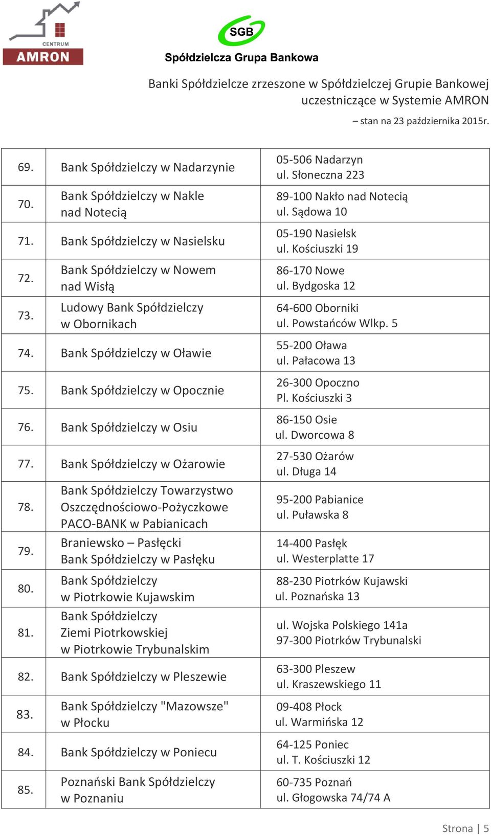 Towarzystwo Oszczędnościowo-Pożyczkowe PACO-BANK w Pabianicach Braniewsko Pasłęcki w Pasłęku w Piotrkowie Kujawskim Ziemi Piotrkowskiej w Piotrkowie Trybunalskim 82. w Pleszewie 55-200 Oława ul.
