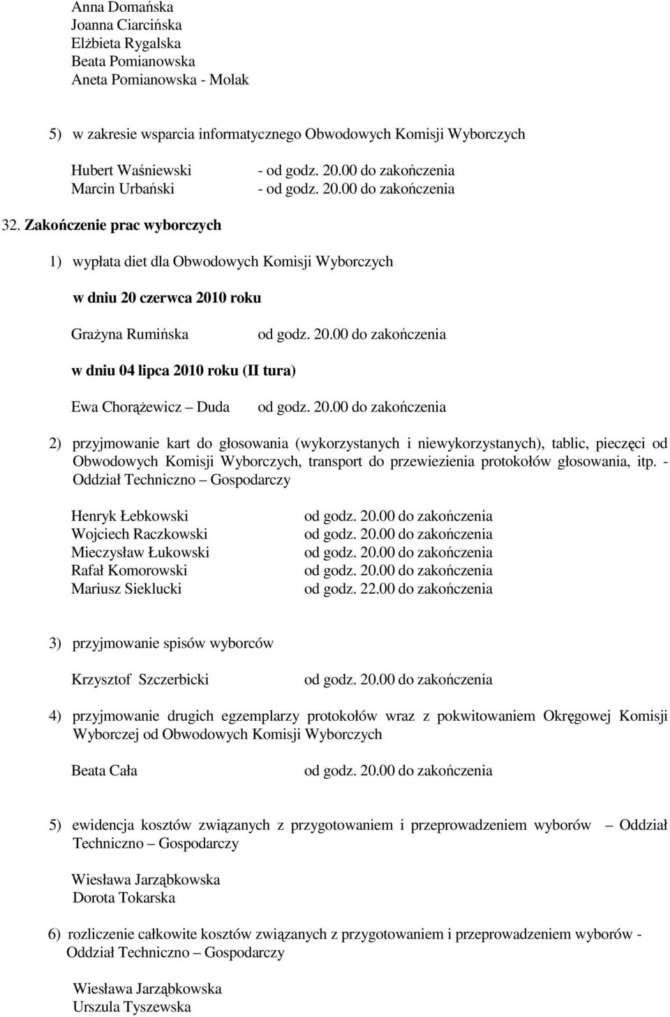 kart do głosowania (wykorzystanych i niewykorzystanych), tablic, pieczęci od Obwodowych Komisji Wyborczych, transport do przewiezienia protokołów głosowania, itp.