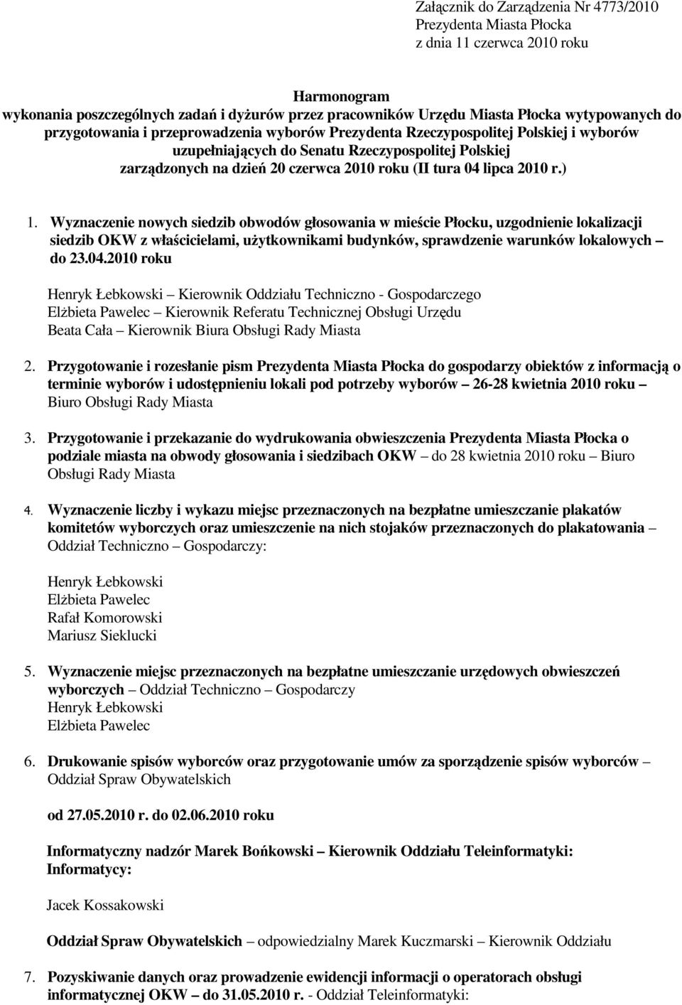 2010 r.) 1. Wyznaczenie nowych siedzib obwodów głosowania w mieście Płocku, uzgodnienie lokalizacji siedzib OKW z właścicielami, użytkownikami budynków, sprawdzenie warunków lokalowych do 23.04.