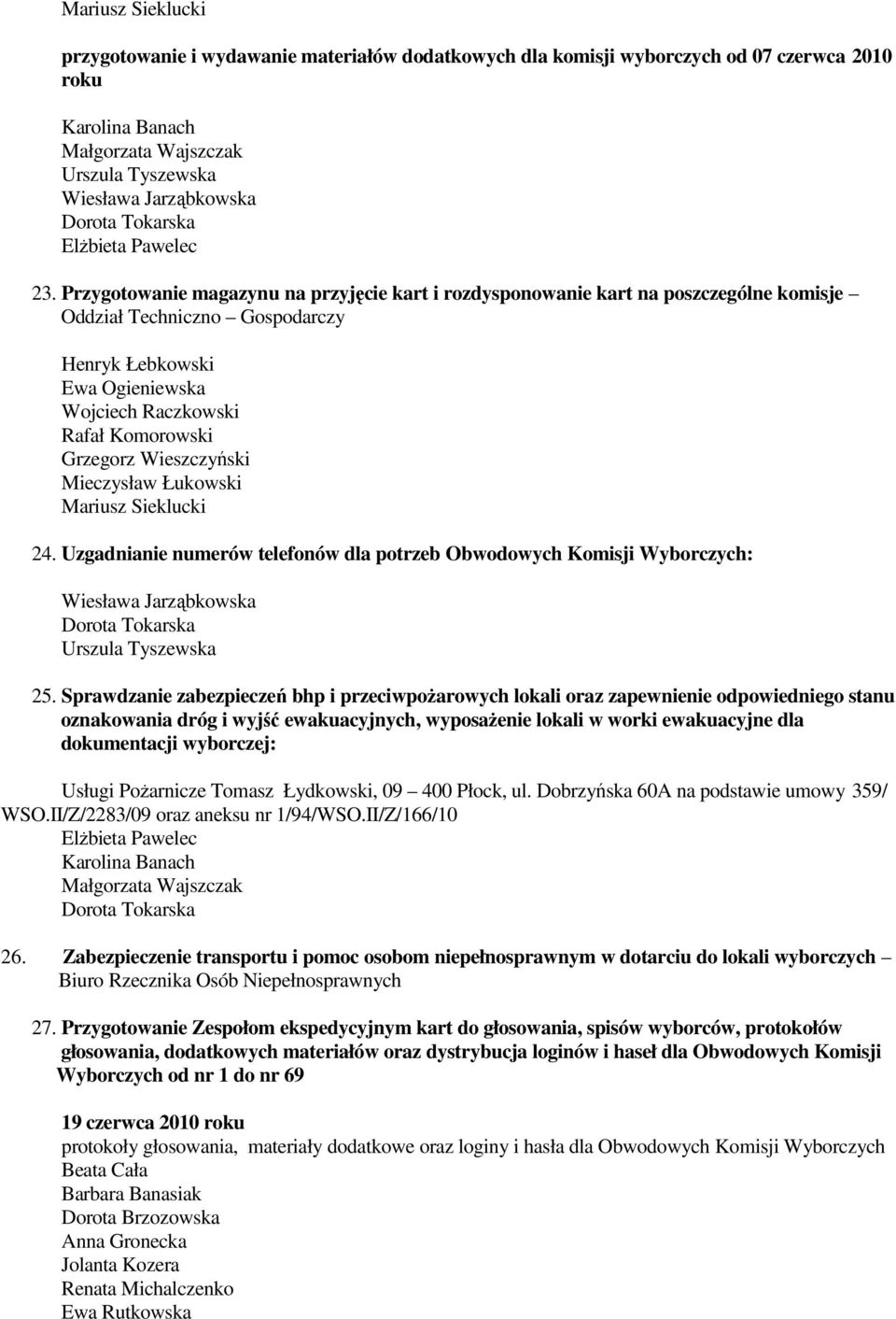 Wieszczyński Mieczysław Łukowski Mariusz Sieklucki 24. Uzgadnianie numerów telefonów dla potrzeb Obwodowych Komisji Wyborczych: 25.