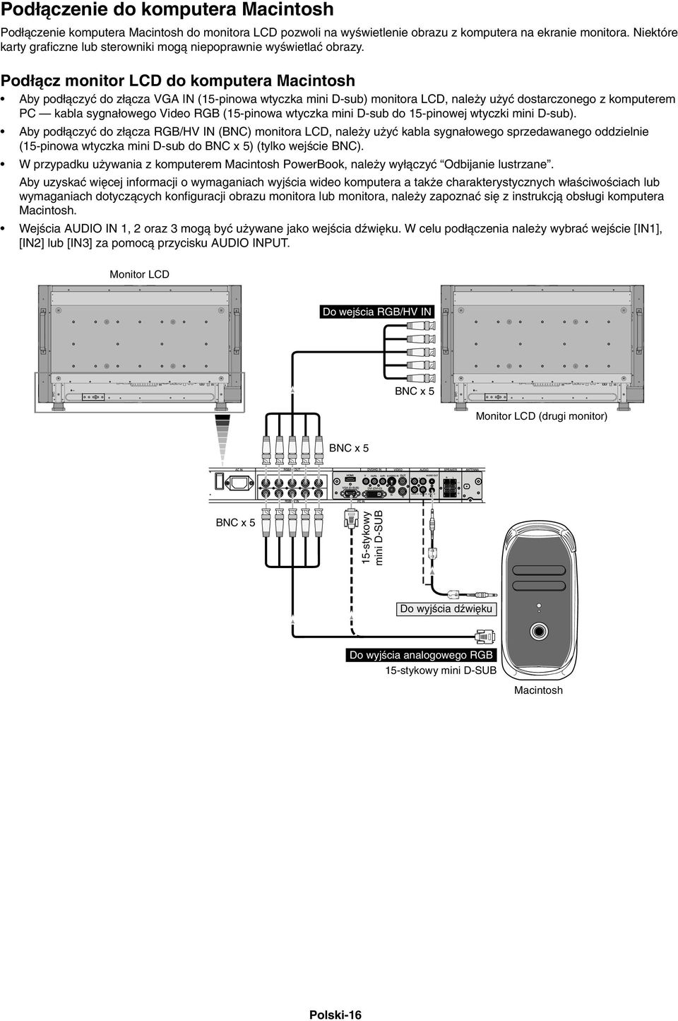 Pod àcz monitor LCD do komputera Macintosh Aby pod àczyç do z àcza VGA IN (15-pinowa wtyczka mini D-sub) monitora LCD, nale y u yç dostarczonego z komputerem PC kabla sygna owego Video RGB (15-pinowa