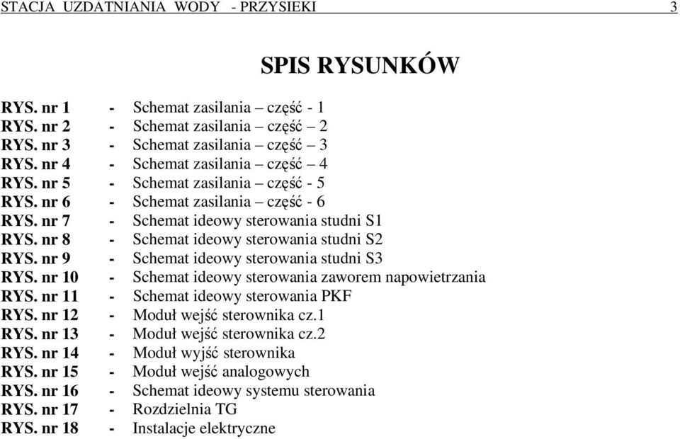 nr 8 - Schemat ideowy sterowania studni S2 RYS. nr 9 - Schemat ideowy sterowania studni S3 RYS. nr 10 - Schemat ideowy sterowania zaworem napowietrzania RYS. nr 11 - Schemat ideowy sterowania PKF RYS.