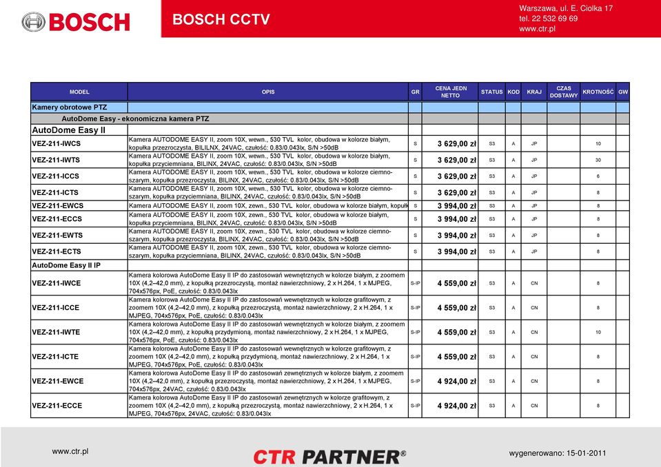 , 530 TVL kolor, obudowa w kolorze białym, kopułka przezroczysta, BILILNX, 24VAC, czułość: 0.83/0.043lx, S/N >50dB Kamera AUTODOME EASY II, zoom 10X, wewn.