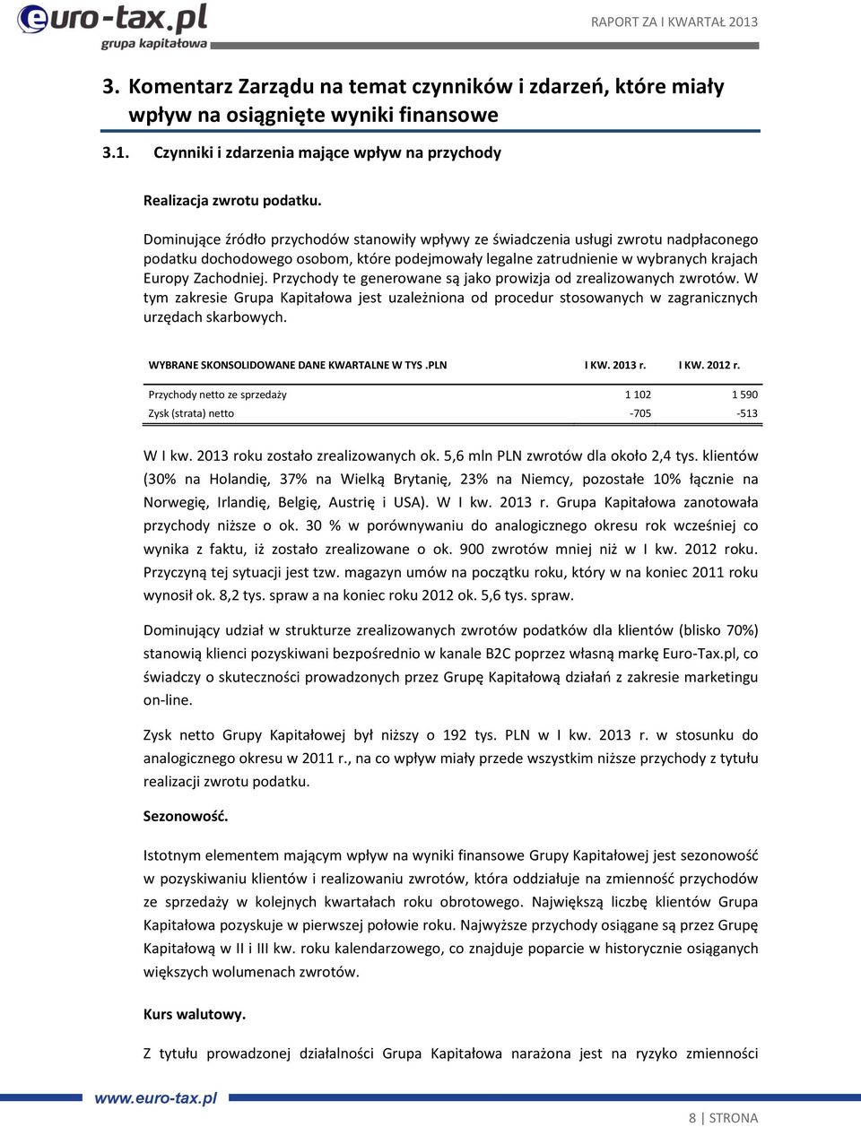 Przychody te generowane są jako prowizja od zrealizowanych zwrotów. W tym zakresie Grupa Kapitałowa jest uzależniona od procedur stosowanych w zagranicznych urzędach skarbowych.