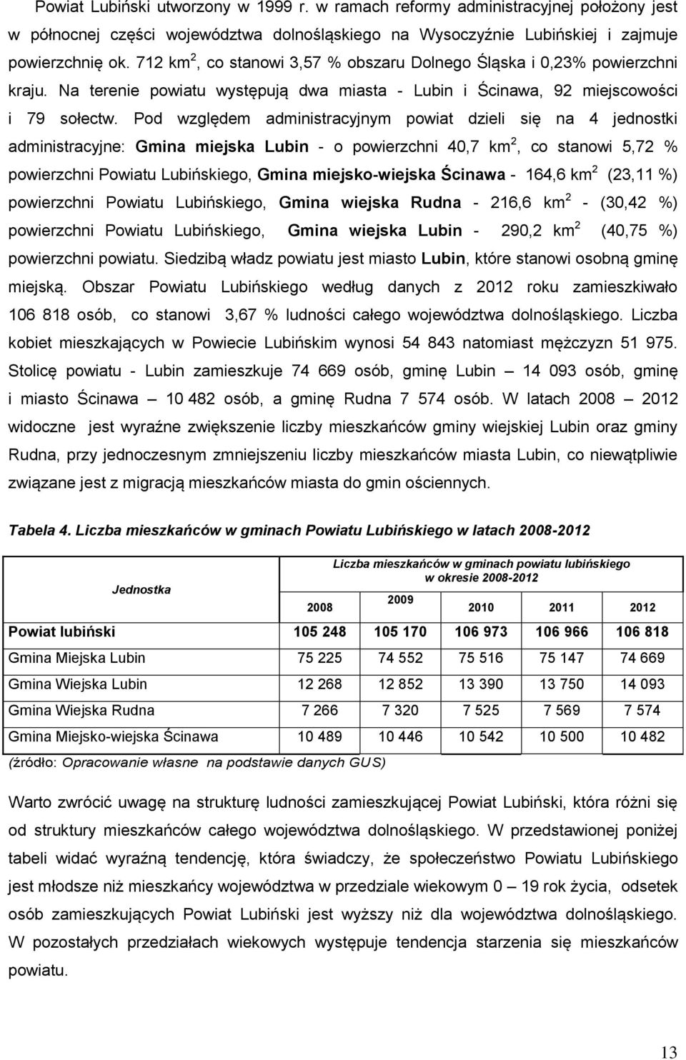 Pod względem administracyjnym powiat dzieli się na 4 jednostki administracyjne: Gmina miejska Lubin - o powierzchni 40,7 km 2, co stanowi 5,72 % powierzchni Powiatu Lubińskiego, Gmina miejsko-wiejska