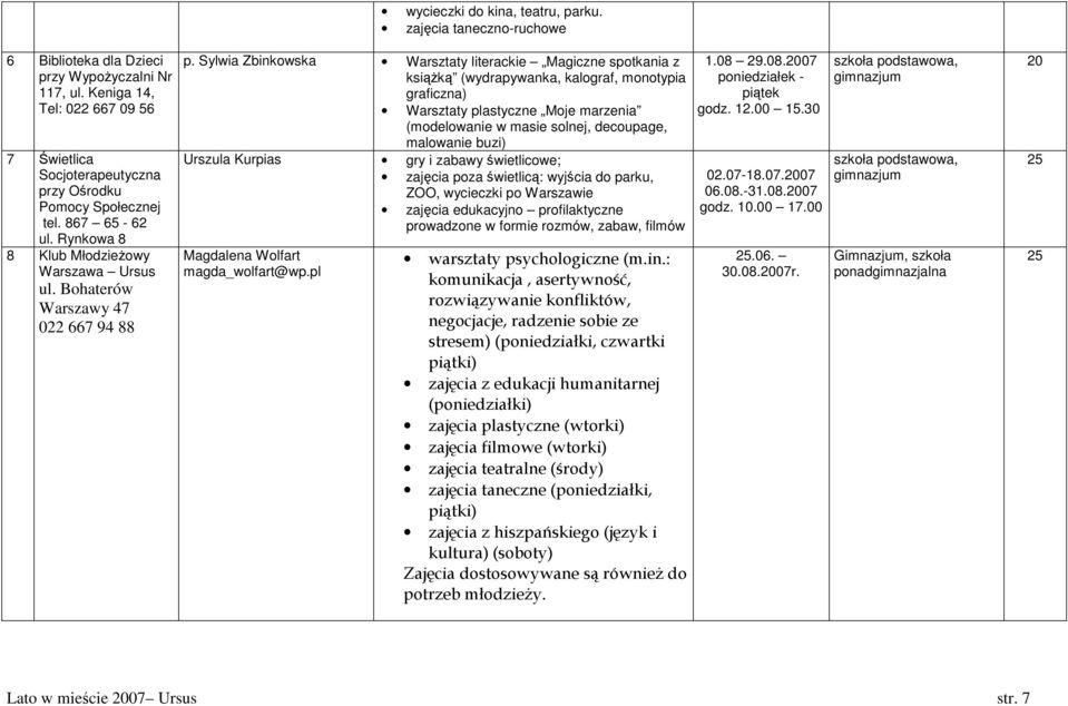 Sylwia Zbinkowska Warsztaty literackie Magiczne spotkania z ksiąŝką (wydrapywanka, kalograf, monotypia graficzna) Warsztaty plastyczne Moje marzenia (modelowanie w masie solnej, decoupage, malowanie