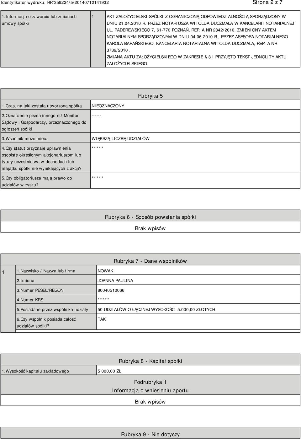 , PRZEZ ASESORA NOTARIALNEGO KAROLA BARAŃSKIEGO, KANCELARIA NOTARIALNA WITOLDA DUCZMALA, REP. A NR 3739/2010.