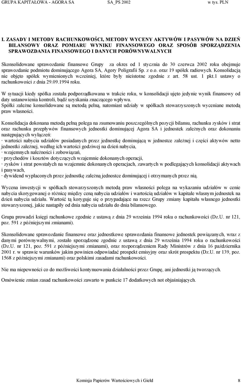 Skonsolidowane sprawozdanie finansowe Grupy za okres od 1 stycznia do 30 czerwca 2002 roku obejmuje sprawozdanie podmiotu dominującego Agora SA, Agory Poligrafii Sp. z o.o. oraz 19 spółek radiowych.