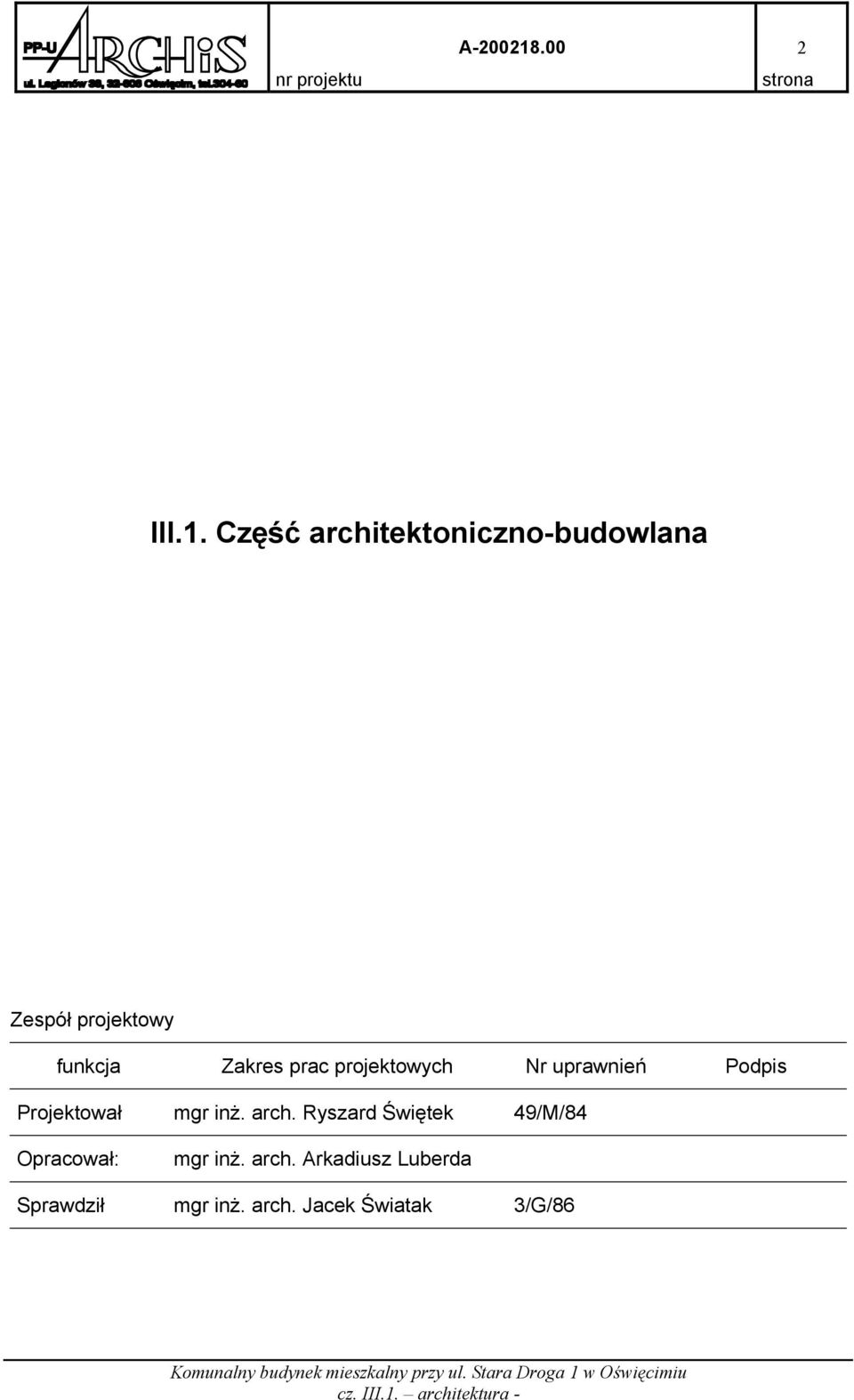 Zakres prac projektowych Nr uprawnień Podpis Projektował mgr