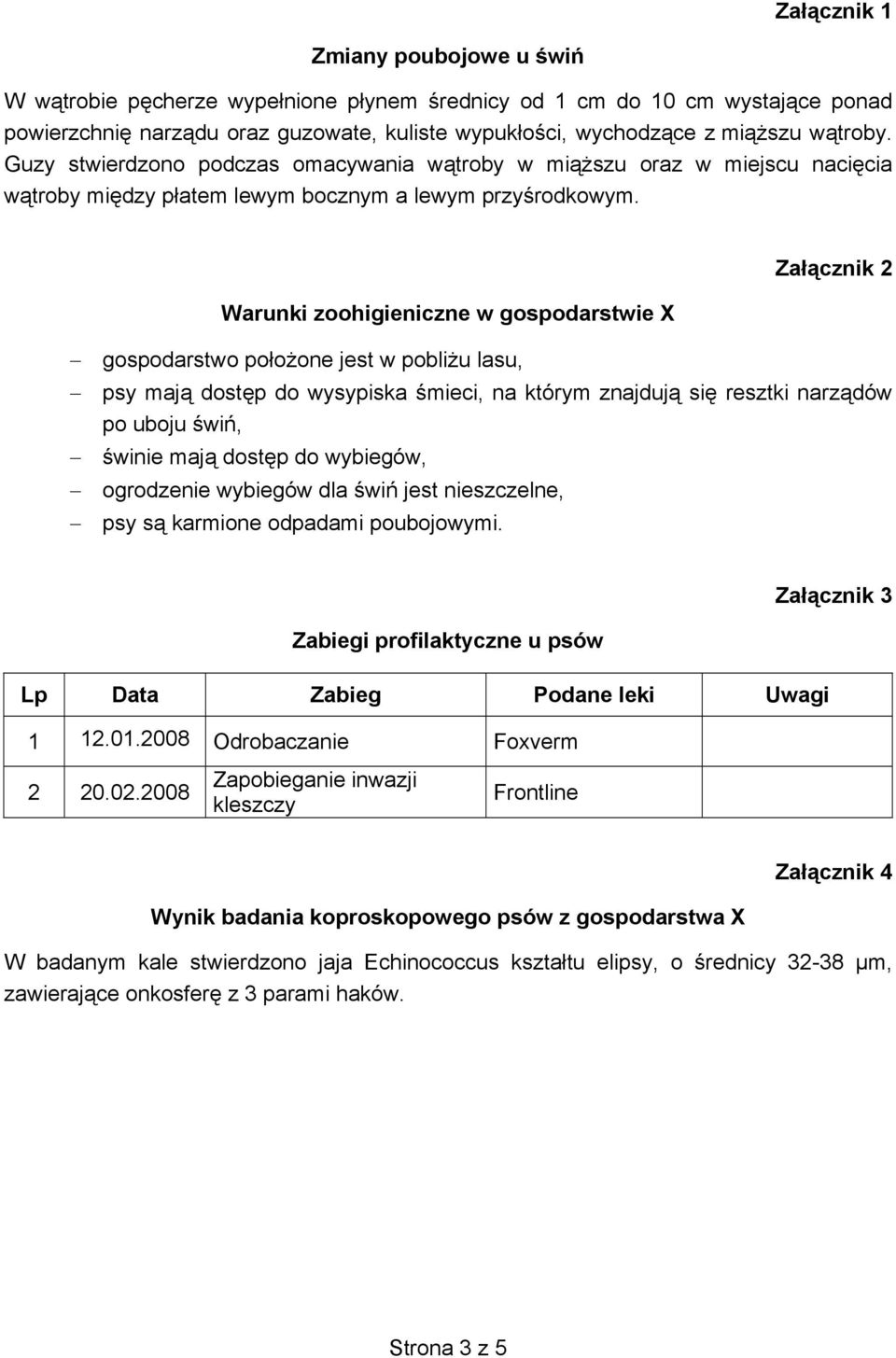 Warunki zoohigieniczne w gospodarstwie X gospodarstwo położone jest w pobliżu lasu, Załącznik 2 psy mają dostęp do wysypiska śmieci, na którym znajdują się resztki narządów po uboju świń, świnie mają