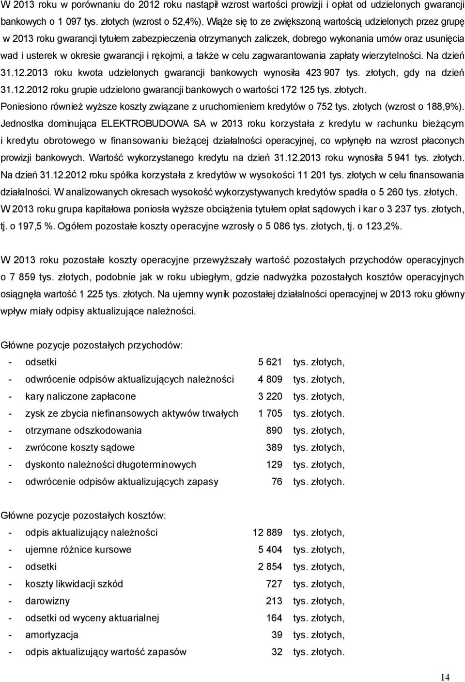 i rękojmi, a także w celu zagwarantowania zapłaty wierzytelności. Na dzień 31.12.2013 roku kwota udzielonych gwarancji bankowych wynosiła 423 907 tys. złotych, gdy na dzień 31.12.2012 roku grupie udzielono gwarancji bankowych o wartości 172 125 tys.