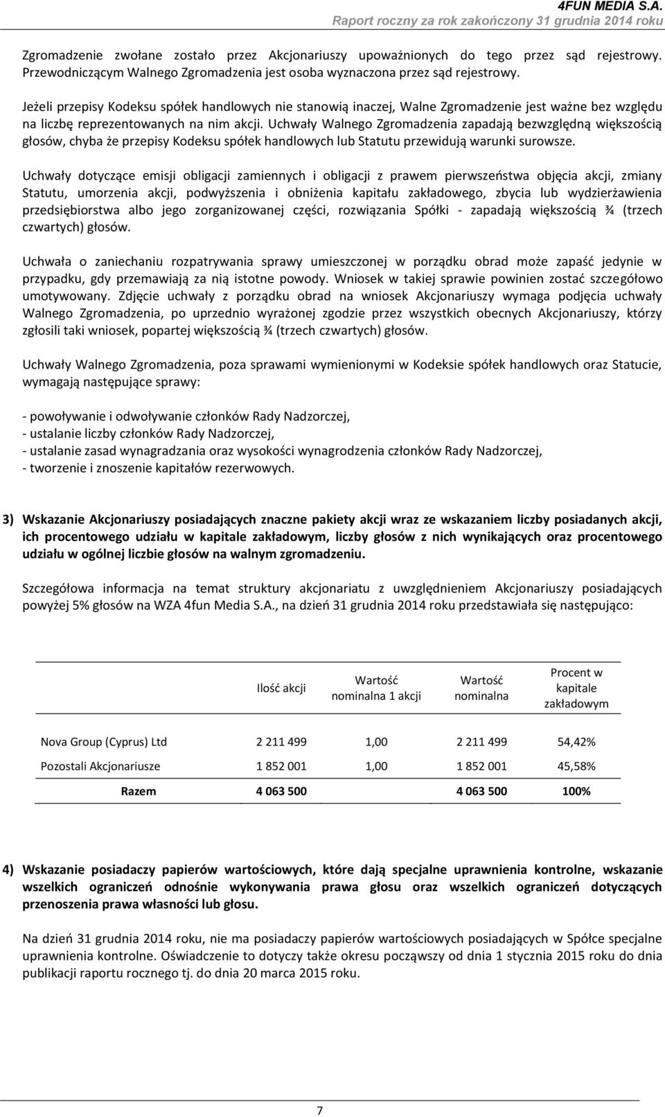 Uchwały Walnego Zgromadzenia zapadają bezwzględną większością głosów, chyba że przepisy Kodeksu spółek handlowych lub Statutu przewidują warunki surowsze.