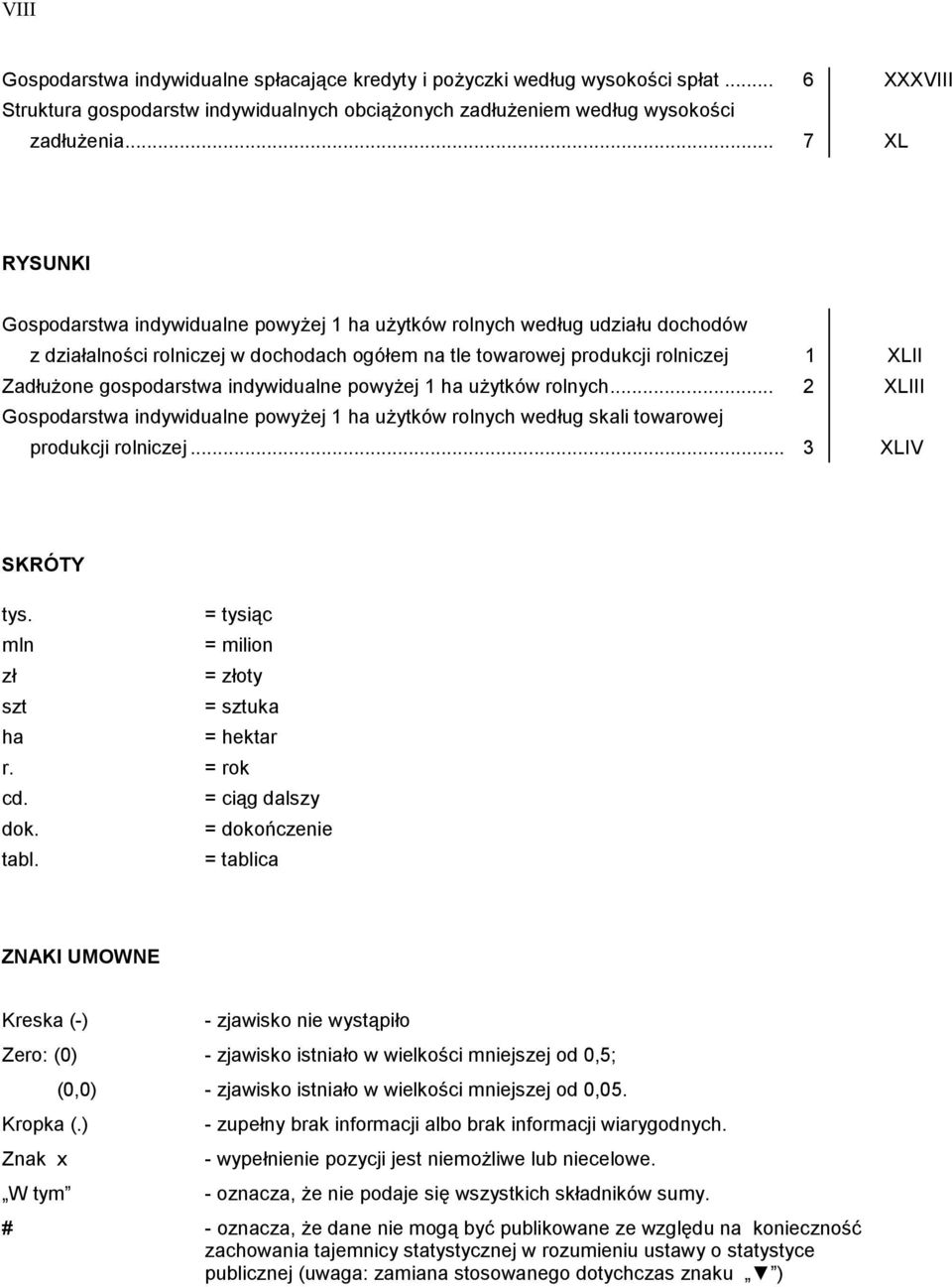gospodarstwa indywidualne powyżej 1 ha użytków rolnych... 2 XLIII Gospodarstwa indywidualne powyżej 1 ha użytków rolnych według skali towarowej produkcji rolniczej... 3 XLIV SKRÓTY tys.