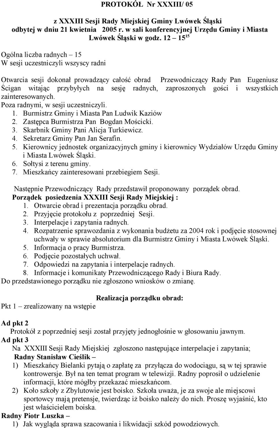 zaproszonych gości i wszystkich zainteresowanych. Poza radnymi, w sesji uczestniczyli. 1. Burmistrz Gminy i Miasta Pan Ludwik Kaziów 2. Zastępca Burmistrza Pan Bogdan Mościcki. 3.