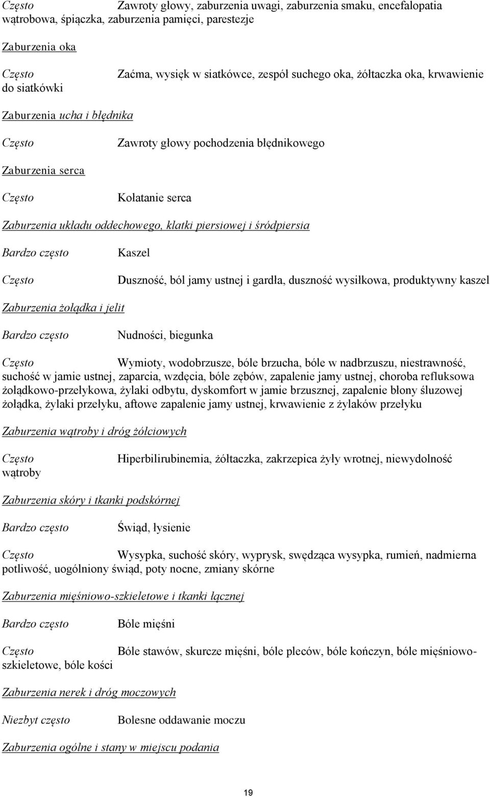 często Kaszel Duszność, ból jamy ustnej i gardła, duszność wysiłkowa, produktywny kaszel Zaburzenia żołądka i jelit Bardzo często Nudności, biegunka Wymioty, wodobrzusze, bóle brzucha, bóle w