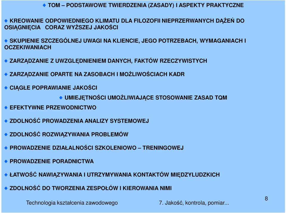 MOŻLIWOŚCIACH KADR CIĄGŁE POPRAWIANIE JAKOŚCI EFEKTYWNE PRZEWODNICTWO UMIEJĘTNOŚCI UMOŻLIWIAJĄCE STOSOWANIE ZASAD TQM ZDOLNOŚĆ PROWADZENIA ANALIZY SYSTEMOWEJ ZDOLNOŚĆ