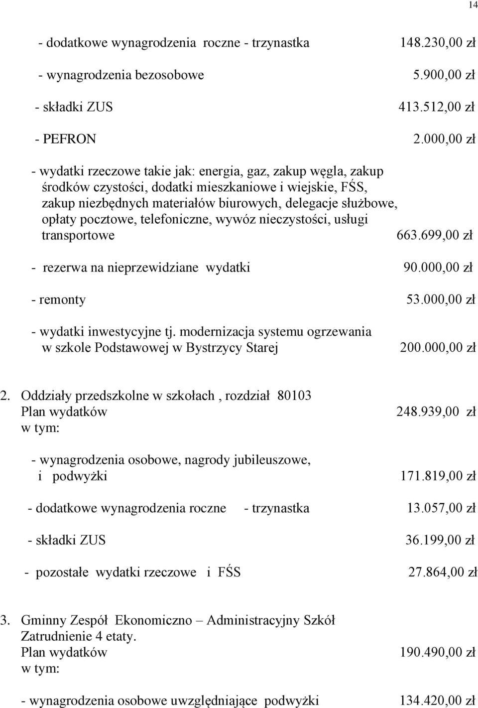 pocztowe, telefoniczne, wywóz nieczystości, usługi transportowe 663.699,00 zł - rezerwa na nieprzewidziane wydatki 90.000,00 zł - remonty 53.000,00 zł - wydatki inwestycyjne tj.