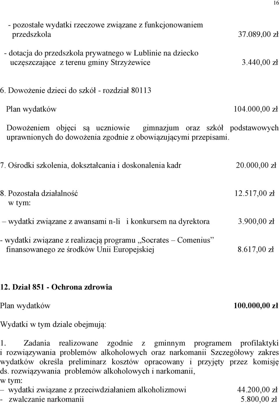 7. Ośrodki szkolenia, dokształcania i doskonalenia kadr 20.000,00 zł 8. Pozostała działalność 12.517,00 zł wydatki związane z awansami n-li i konkursem na dyrektora 3.