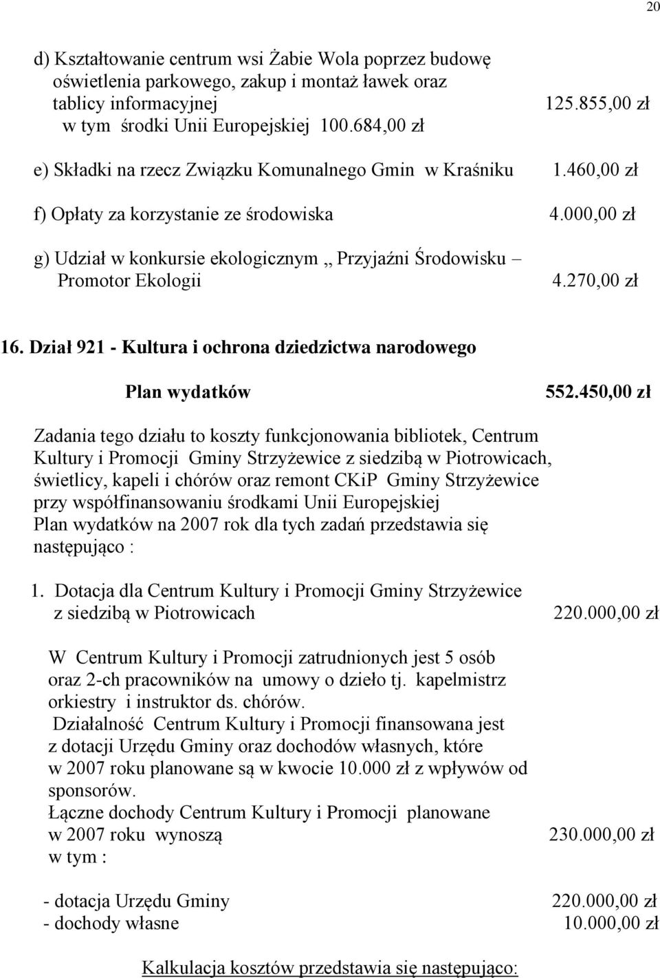 000,00 zł g) Udział w konkursie ekologicznym Przyjaźni Środowisku Promotor Ekologii 4.270,00 zł 16. Dział 921 - Kultura i ochrona dziedzictwa narodowego Plan wydatków 552.