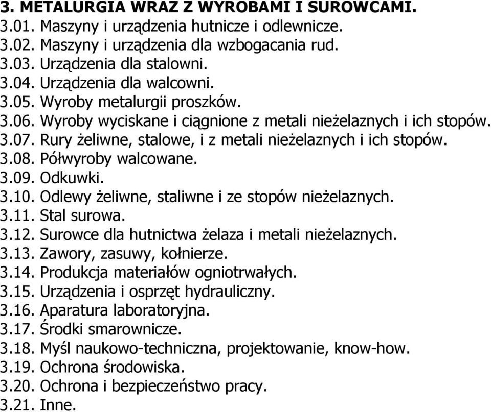 Półwyroby walcowane. 3.09. Odkuwki. 3.10. Odlewy żeliwne, staliwne i ze stopów nieżelaznych. 3.11. Stal surowa. 3.12. Surowce dla hutnictwa żelaza i metali nieżelaznych. 3.13.