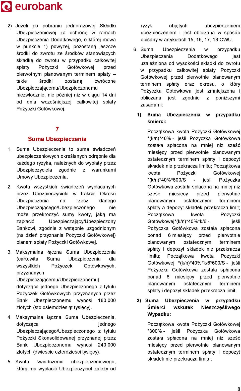 niezwłocznie, nie później niż w ciągu 14 dni od dnia wcześniejszej całkowitej spłaty Pożyczki Gotówkowej. 7 Suma Ubezpieczenia 1.