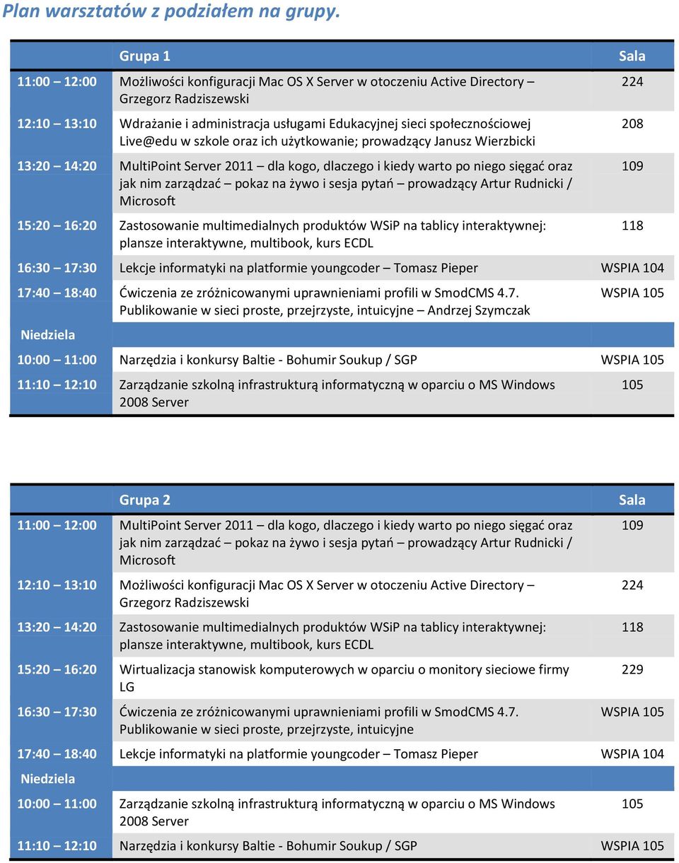 szkole oraz ich użytkowanie; prowadzący Janusz Wierzbicki 13:20 14:20 MultiPoint Server 2011 dla kogo, dlaczego i kiedy warto po niego sięgad oraz jak nim zarządzad pokaz na żywo i sesja pytao