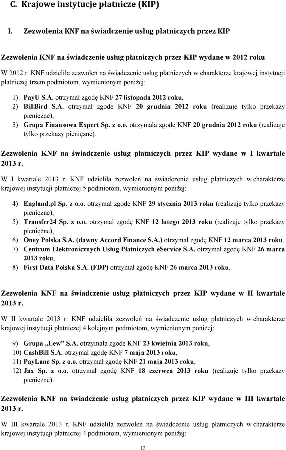 otrzymał zgodę KNF 27 listopada 2012 roku, 2) BillBird S.A. otrzymał zgodę KNF 20 grudnia 2012 roku (realizuje tylko przekazy pieniężne), 3) Grupa Finansowa Expert Sp. z o.o. otrzymała zgodę KNF 20 grudnia 2012 roku (realizuje tylko przekazy pieniężne).