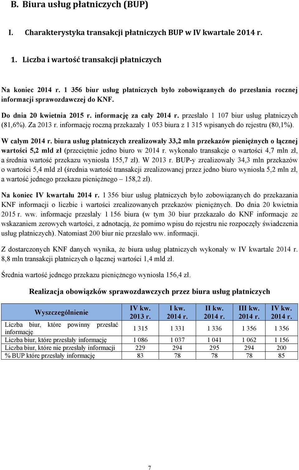 informację za cały przesłało 1 107 biur usług płatniczych (81,6%). Za 2013 r. informację roczną przekazały 1 053 biura z 1 315 wpisanych do rejestru (80,1%).