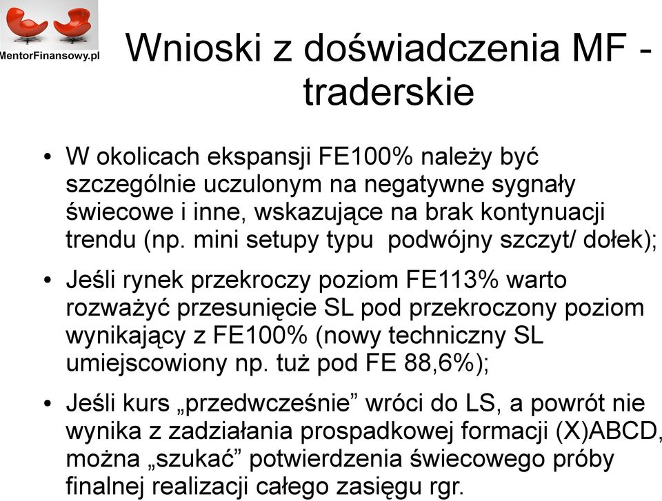 mini setupy typu podwójny szczyt/ dołek); Jeśli rynek przekroczy poziom FE113% warto rozważyć przesunięcie SL pod przekroczony poziom wynikający