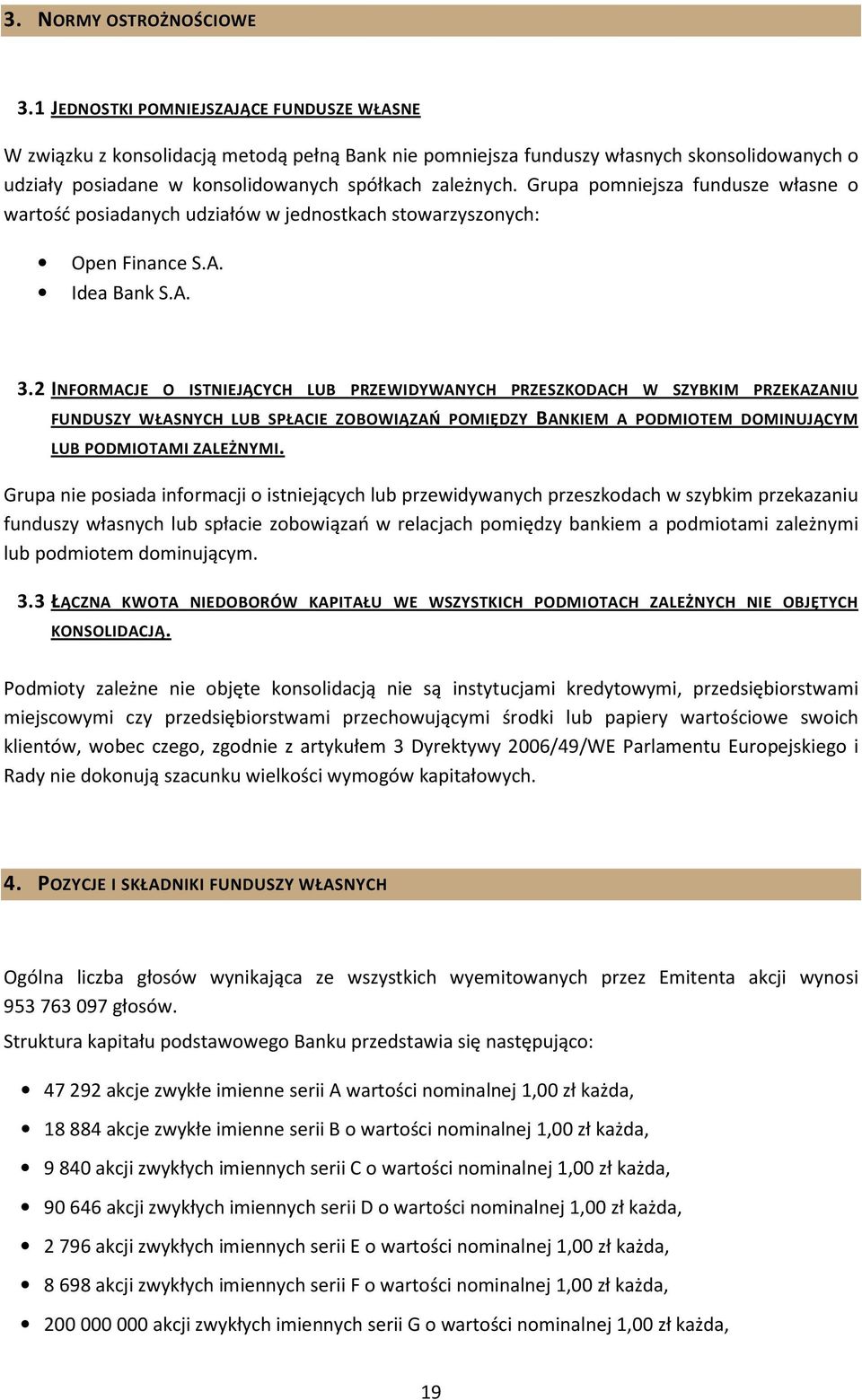 Grupa pomniejsza fundusze własne o wartość posiadanych udziałów w jednostkach stowarzyszonych: Open Finance S.A. Idea Bank S.A. 3.