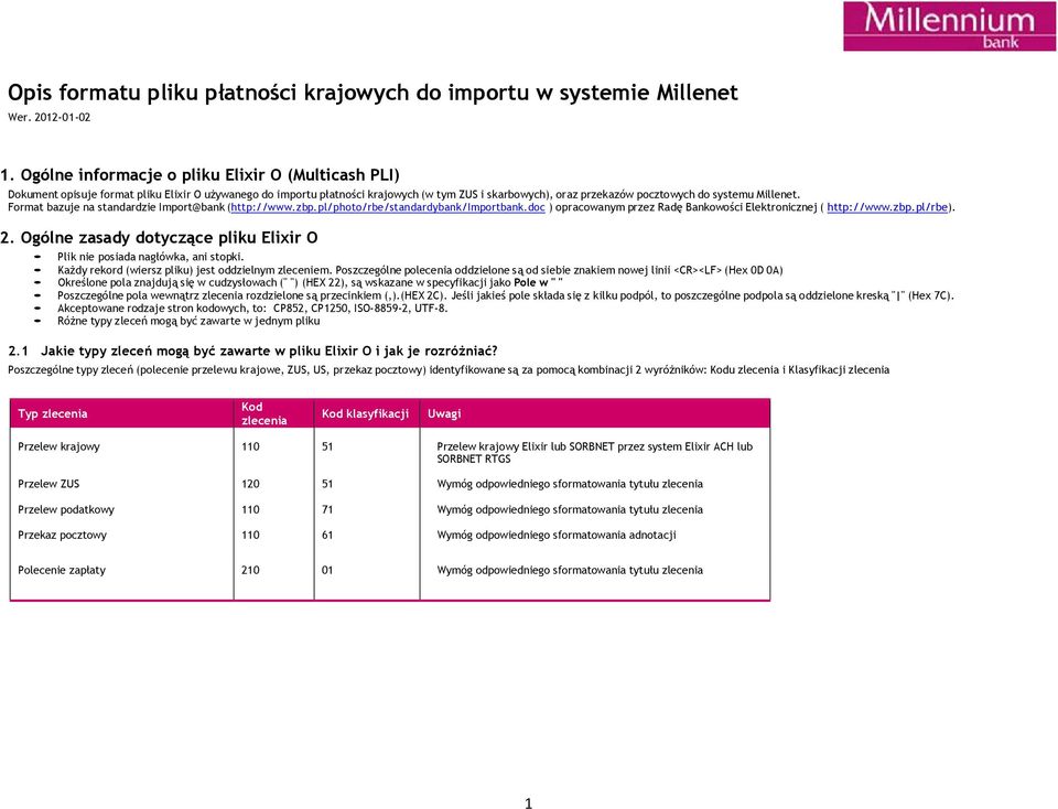 Millenet. Format bazuje na standardzie Import@bank (http://www.zbp.pl/photo/rbe/standardybank/importbank.doc ) opracowanym przez Radę Bankowości Elektronicznej ( http://www.zbp.pl/rbe). 2.