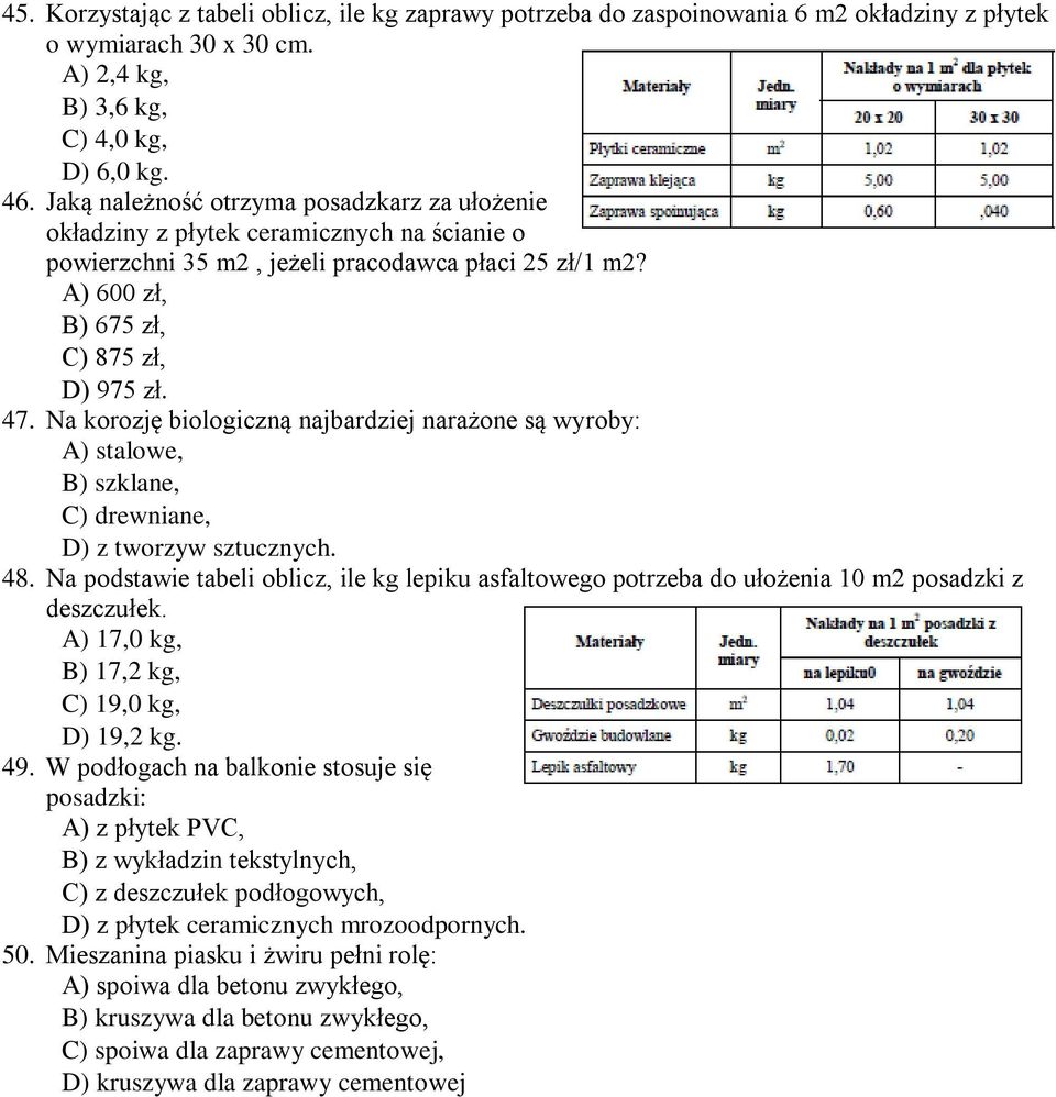 Na korozję biologiczną najbardziej narażone są wyroby: A) stalowe, B) szklane, C) drewniane, D) z tworzyw sztucznych. 48.